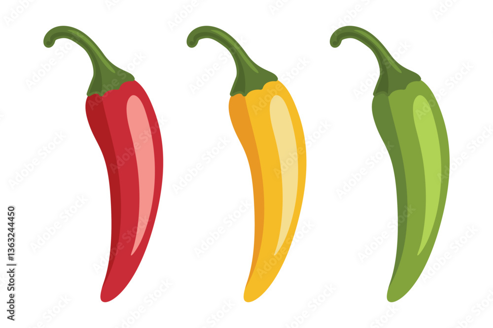 Chili Peppers Vector Set, Isolated. Red, Yellow, Green Hot Peppers, Spicy Food Ingredients, Mexican Cuisine, Fresh Organic Vegetables. Vector Illustration for Food Design Chili Peppers Vector Set, Isolated. Red, Yellow, Green Hot Peppers, Spicy Food Ingredients, Mexican Cuisine, Fresh Organic Vegetables. Vector Illustration for Food Design