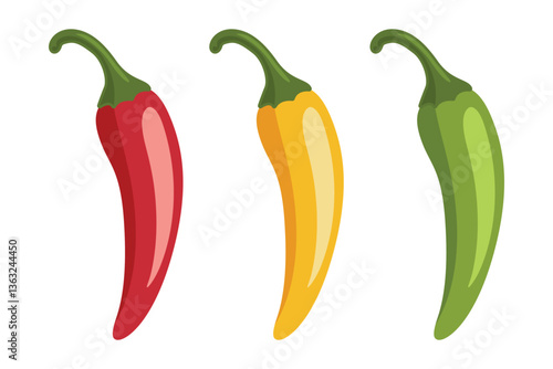 Chili Peppers Vector Set, Isolated. Red, Yellow, Green Hot Peppers, Spicy Food Ingredients, Mexican Cuisine, Fresh Organic Vegetables. Vector Illustration for Food Design