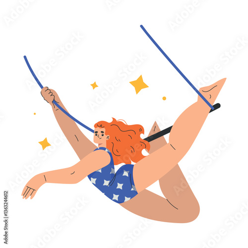 Circus Woman Gymnast Artist and Actor Character Fly with Rope Performing on Stage Vector Illustration