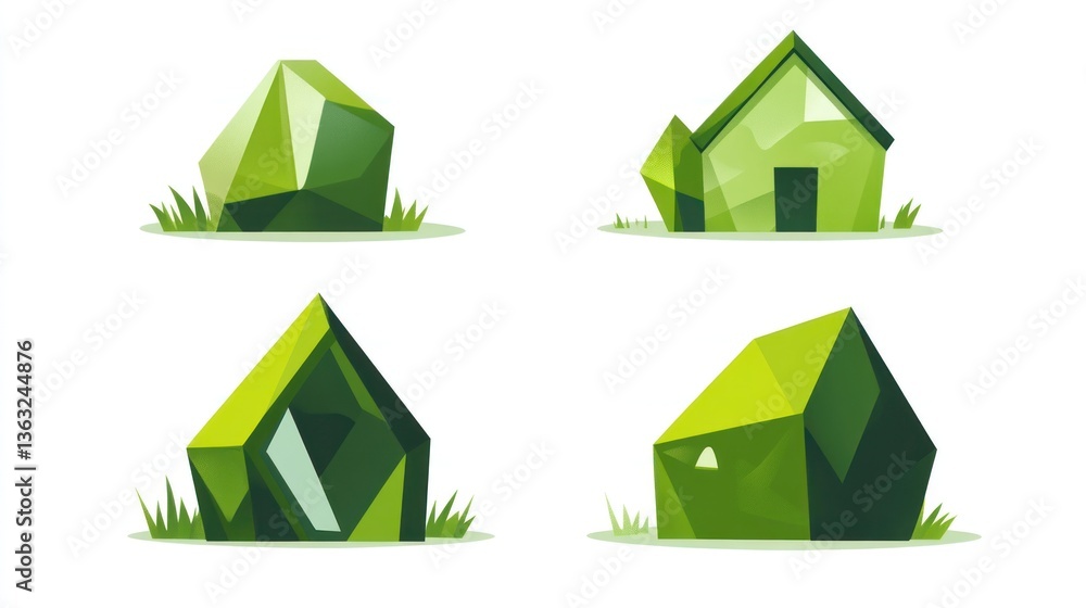 Obraz premium Green crystal houses and rocks, nature, game assets