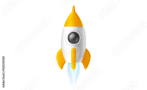 Vector startup realistic illustration of toy space rocket launch. 3d cartoon style concept design of shuttle takeoff. Business startup ship symbol. Yellow color spaceship icon with fire