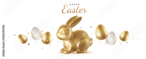 Vector realistic illustration with shiny golden bunny and egg on white background with text Happy Easter. 3d cartoon style design with golden rabbit and egg for holiday easter hunt banner