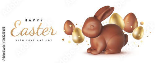 Vector illustration with text Happy Easter and realistic chocolate bunny and golden egg on white background. 3d cartoon style template design with chocolate rabbit and golden egg for easter hunt card