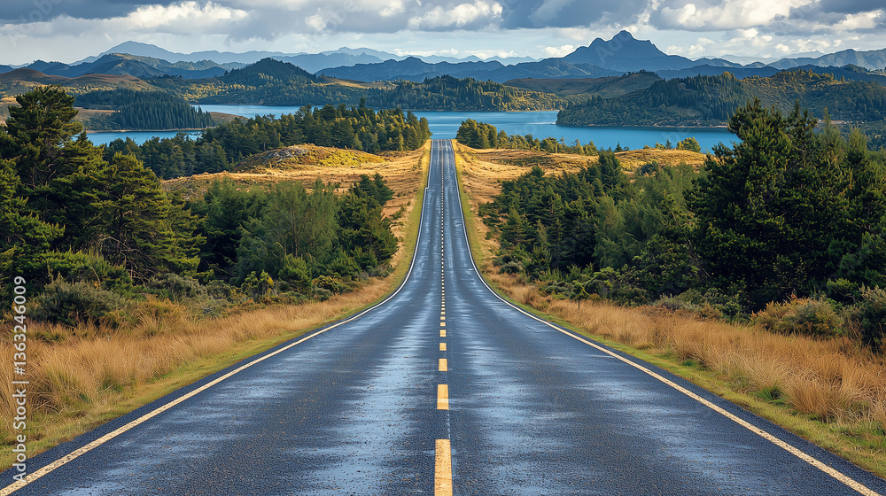 Obraz premium Scenic road stretches towards stunning lake and mountain landscape under dramatic skies in the countryside