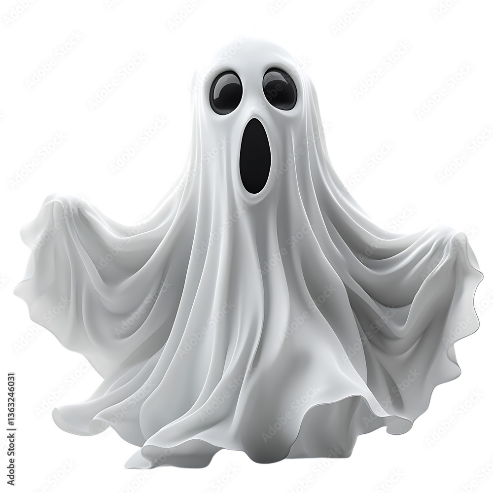 A dramatic 3D ghost with a wavy, textured white sheet-like body, deep-set black eyes, and an exaggerated open-mouthed expression of surprise or fear. Transparent background. A dramatic 3D ghost with a wavy, textured white sheet-like body, deep-set black eyes, and an exaggerated open-mouthed expression of surprise or fear. Transparent background.