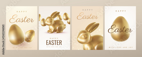 Vector set of illustration with realistic golden egg and bunny on color background with text Happy Easter. 3d cartoon style template design with golden egg and rabbit for easter hunt greeting card