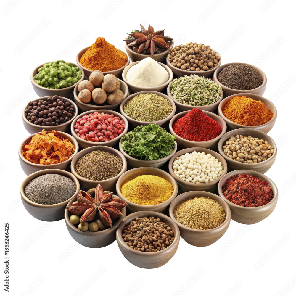 Variety of Spices in Wooden Bowls, Isolated on Transparent Background, Top View, Culinary Composition, Spice, Herb, Ingredient Variety of Spices in Wooden Bowls, Isolated on Transparent Background, Top View, Culinary Composition, Spice, Herb, Ingredient