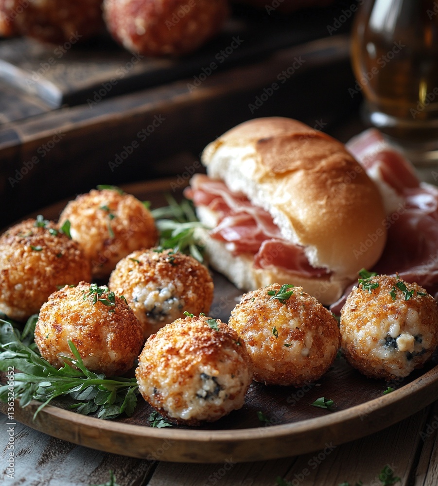 Crispy Arancini with Prosciutto Sandwich, a delicious Italian appetizer. Crispy Arancini with Prosciutto Sandwich, a delicious Italian appetizer.