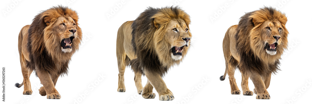 Obraz premium Three Majestic Lions Walking, Triple Composition, Isolated on Transparent Background, Wild Cats, African Wildlife, Lion, wildlife, big cat