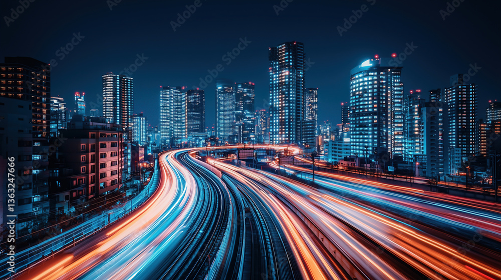 Fototapeta premium City skyline shines with vibrant lights and dynamic traffic flows in a bustling urban environment at night