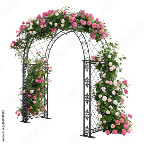 Rose Archway Clipping Path Pink and White Roses, Metal Frame, Isolated on Transparent Background, Garden Decor, Roses, Arch, Floral