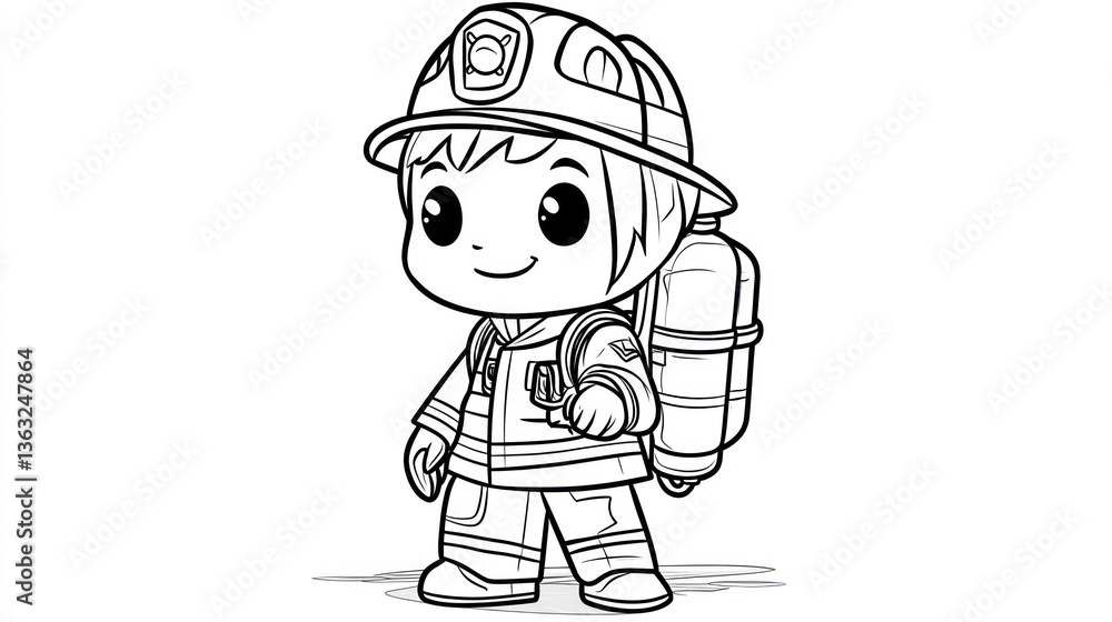 Fototapeta premium Firefighter in Uniform, Coloring Page Illustration