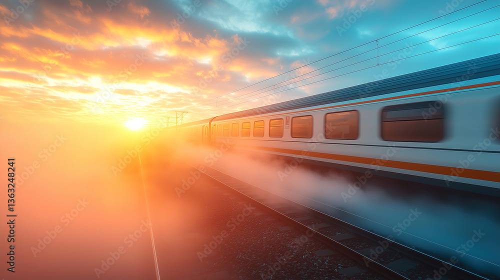 Naklejka premium Vibrant sunset view as a train speeds along tracks, leaving a trail of steam in the air