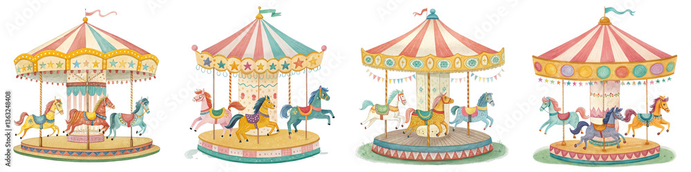 Four Watercolor Carousel Illustrations, Isolated on Transparent Background, Fairytale Theme, Clipart, Merry-Go-Round, Carousel, illustration, watercolor Four Watercolor Carousel Illustrations, Isolated on Transparent Background, Fairytale Theme, Clipart, Merry-Go-Round, Carousel, illustration, watercolor