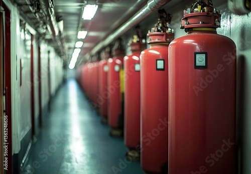 Row of red fire extinguishers in industrial corridor, green non-slip flooring, overhead focused lighting, industrial safety and order atmosphere.