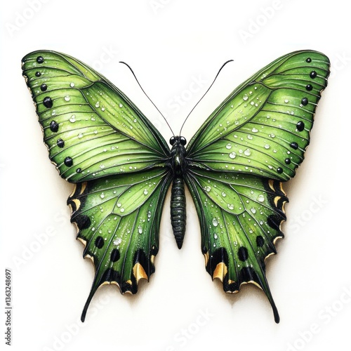 Green butterfly with water droplets on its wings.