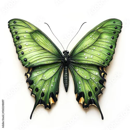 Fototapeta Green butterfly with water droplets on its wings.
