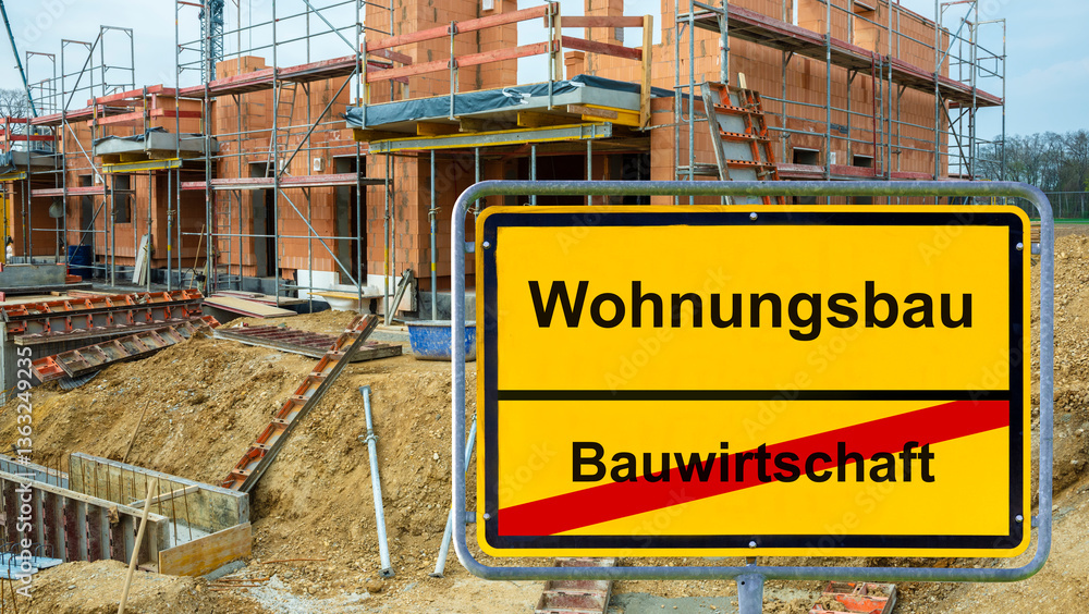 Obraz premium Ein Ortsschild mit der Aufschrift Bauwirtschaft und Wohnungsbau steht vor der Baustelle von Wohnhäusern und Mietwohnungen - Symbolbild - FOTOMONTAGE