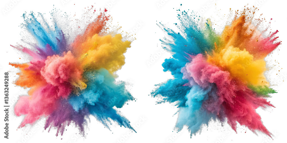 Double Rainbow Color Explosion, Isolated on Transparent Background, Holi, Colorful Powder, Paint, Holi, Abstract, Background