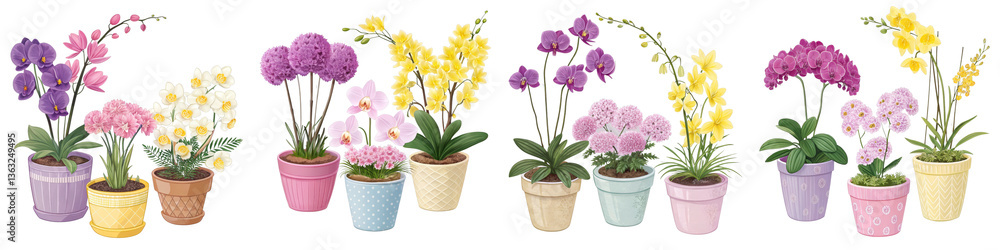 Obraz premium Collection of Potted Orchids and Hyacinths, Isolated on Transparent Background, Floral Arrangement, Spring Flowers, Orchids, Hyacinths, Potted Plants