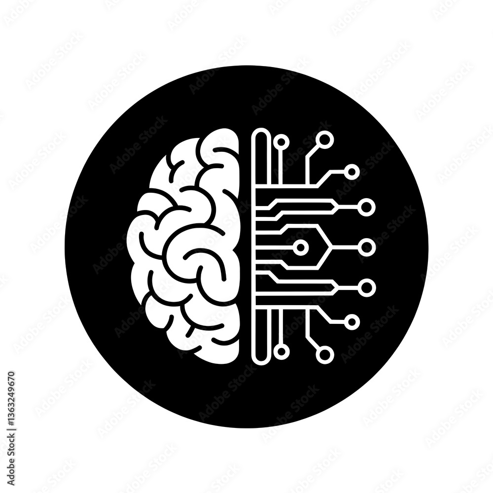 Vector illustration, icon, logo of a brain stylized as a microcircuit, electric circuits in a black circle on a transparent background. Vector illustration, icon, logo of a brain stylized as a microcircuit, electric circuits in a black circle on a transparent background.