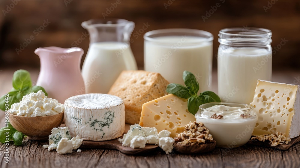 Farm Fresh Dairy Delights A Rustic Still Life of Milk Cheese and Yogurt on Weathered Wood Surface Farm Fresh Dairy Delights A Rustic Still Life of Milk Cheese and Yogurt on Weathered Wood Surface