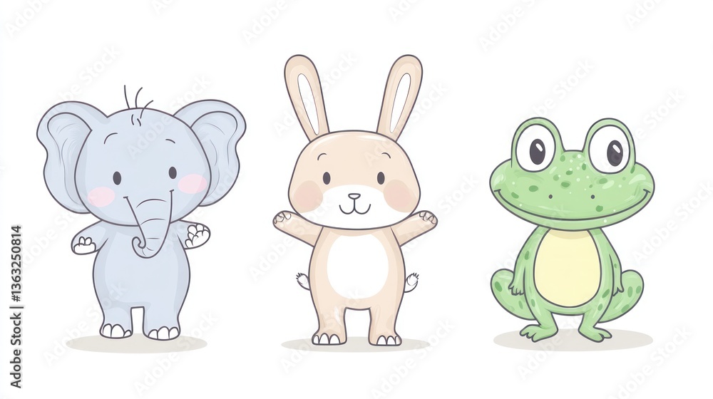 Elephant, Rabbit, Frog Friends, White Background, for Child Use Elephant, Rabbit, Frog Friends, White Background, for Child Use