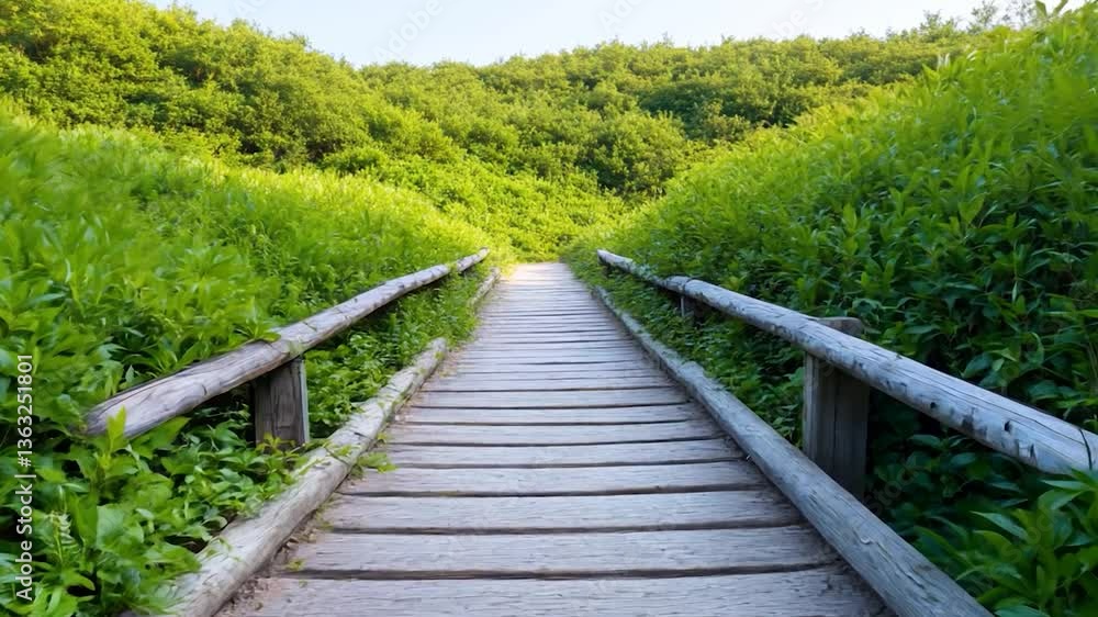 Tranquil wooden pathway through lush greenery leading to a serene forest backdrop Tranquil wooden pathway through lush greenery leading to a serene forest backdrop