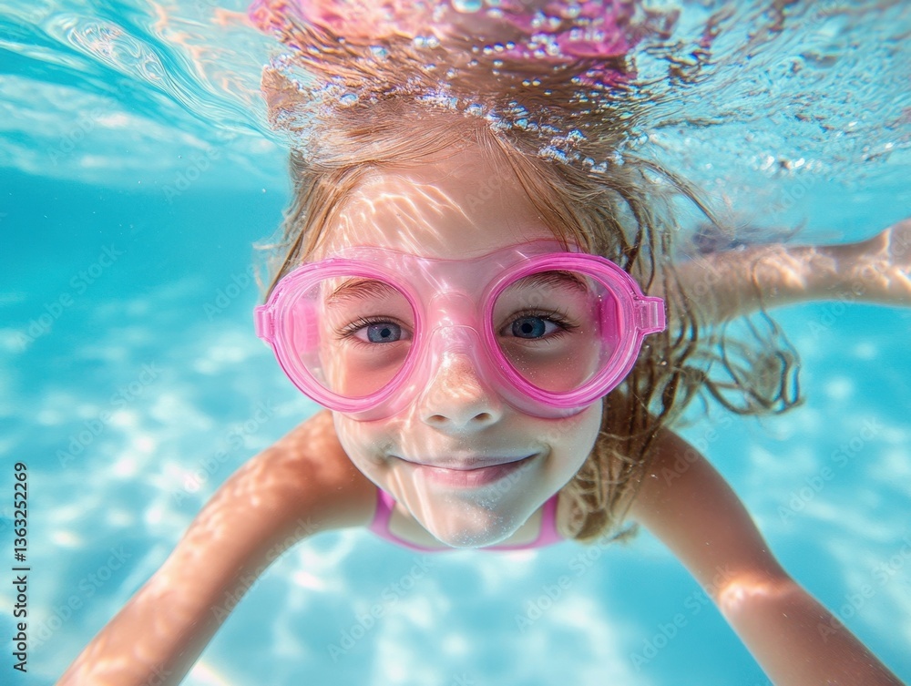 Fototapeta premium Underwater portrait of a cheerful little girl swimming in a pool wearing pink goggles enjoying summer vacation with sunlight and clear water creating a joyful mood