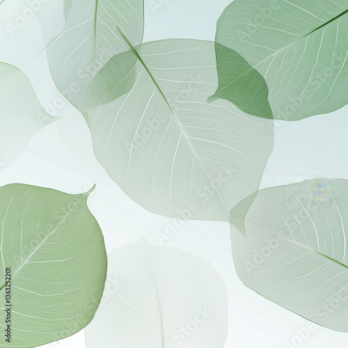 Delicate transparent leaves overlapping in modern aesthetic, creating serene and calming visual. soft green hues and intricate vein patterns evoke sense of tranquility