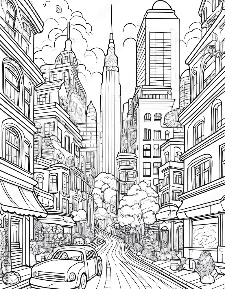 Obraz premium Coloring Page NYC Street View with Skyscrapers and Car. Printable Cityscape Illustration.
