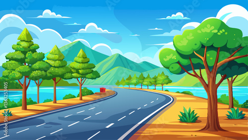 Empty asphalt road and green trees with blue sky background over the lake in summer, landscape nature view from side of empty street for product display