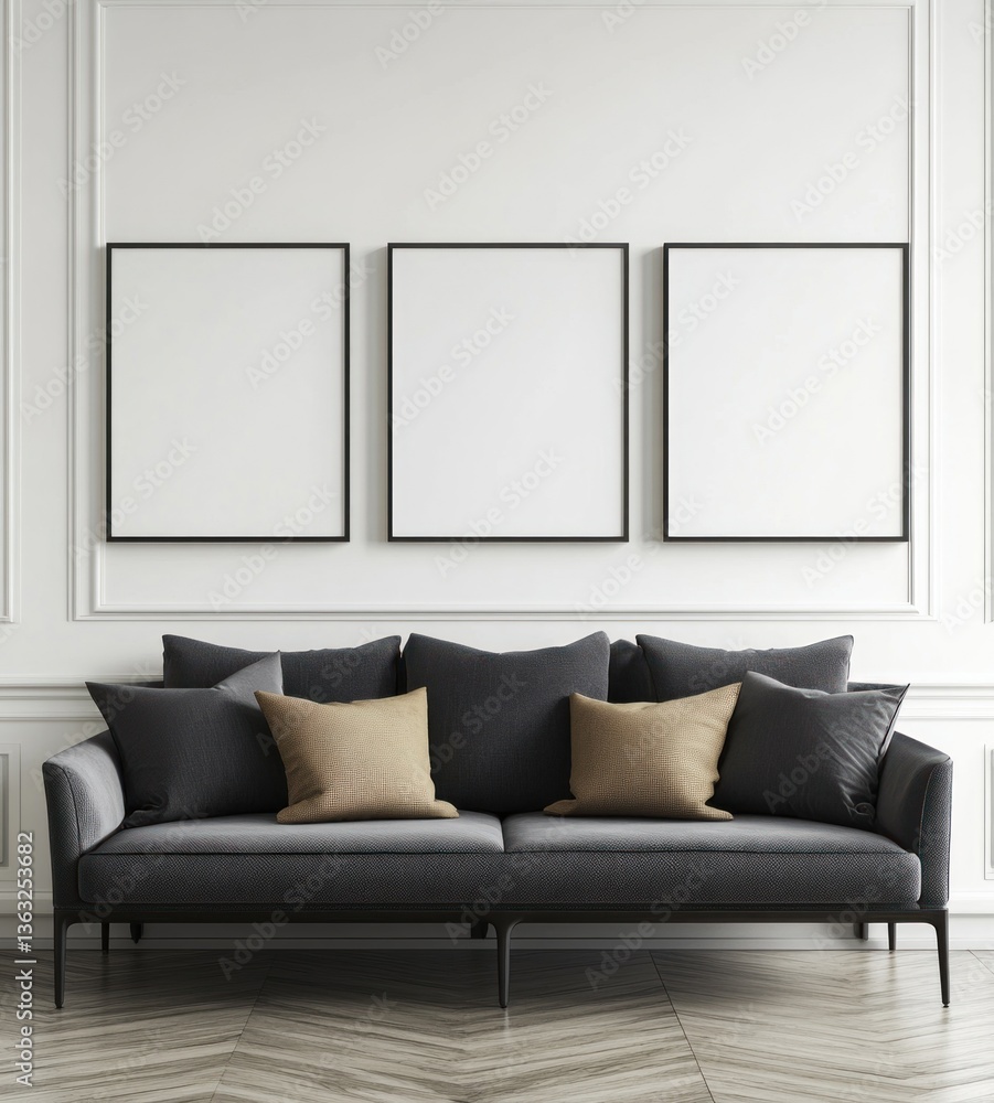 Modern gray sofa with three blank frames in elegant room. Modern gray sofa with three blank frames in elegant room.