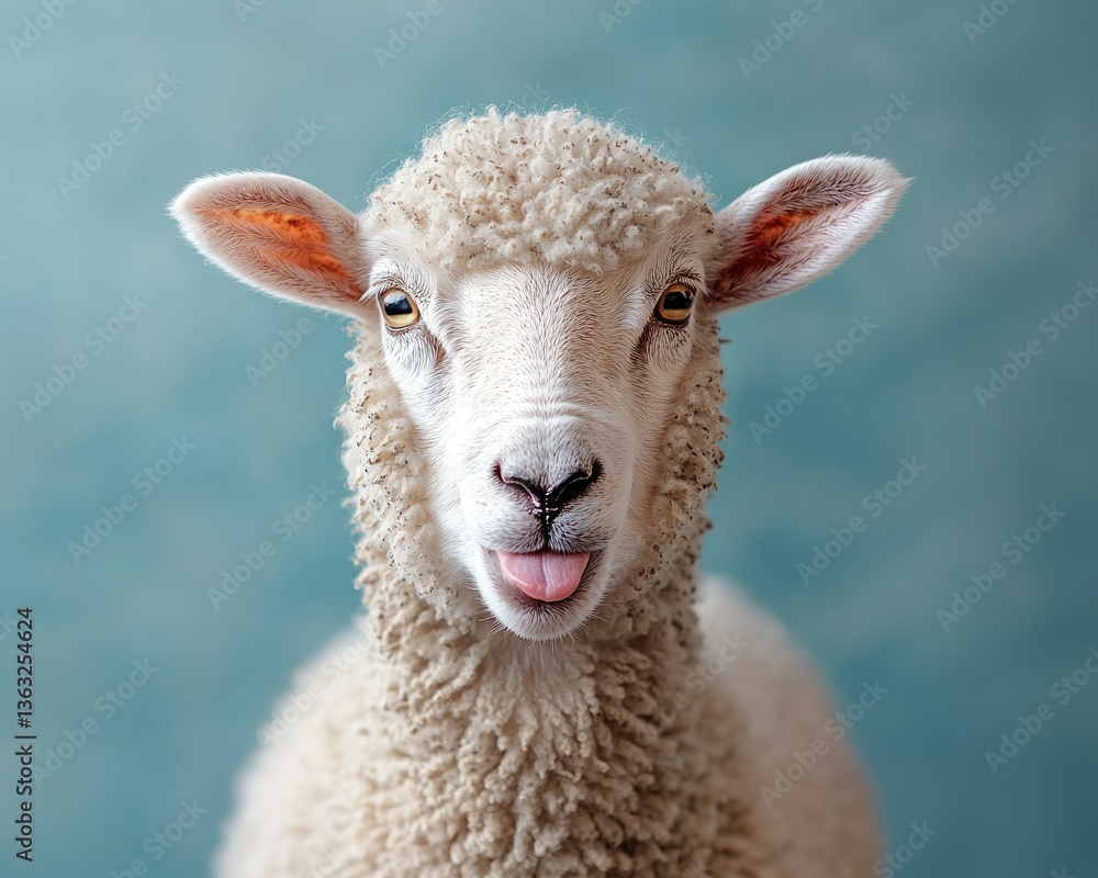 Fototapeta premium Close-up of a playful sheep with its tongue out against a soft blue background