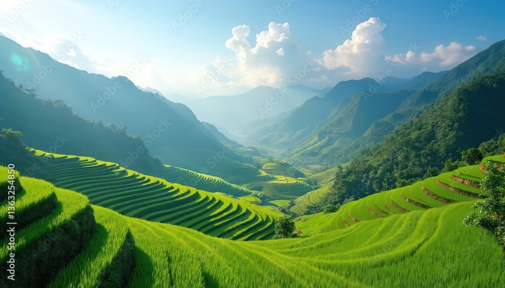 Fototapeta premium Scenic illustration of rice terraces in Vietnam. Verdant green fields cascade down mountain slopes under blue sky. Lush valley scenery. Agriculture landscape. Travel destination.