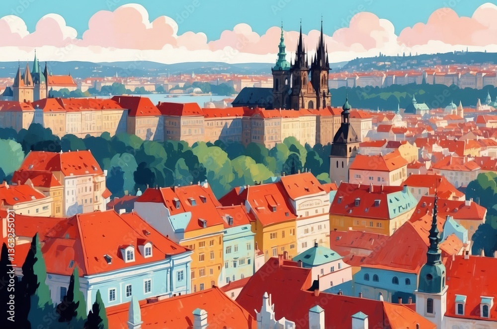 Obraz premium Majestic skyline of Prague showcasing colorful rooftops and historic architecture on a sunny day