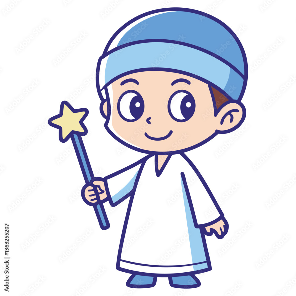 Cartoon Boy in Blue Cap Holding Star Wand Character on White Cartoon Boy in Blue Cap Holding Star Wand Character on White