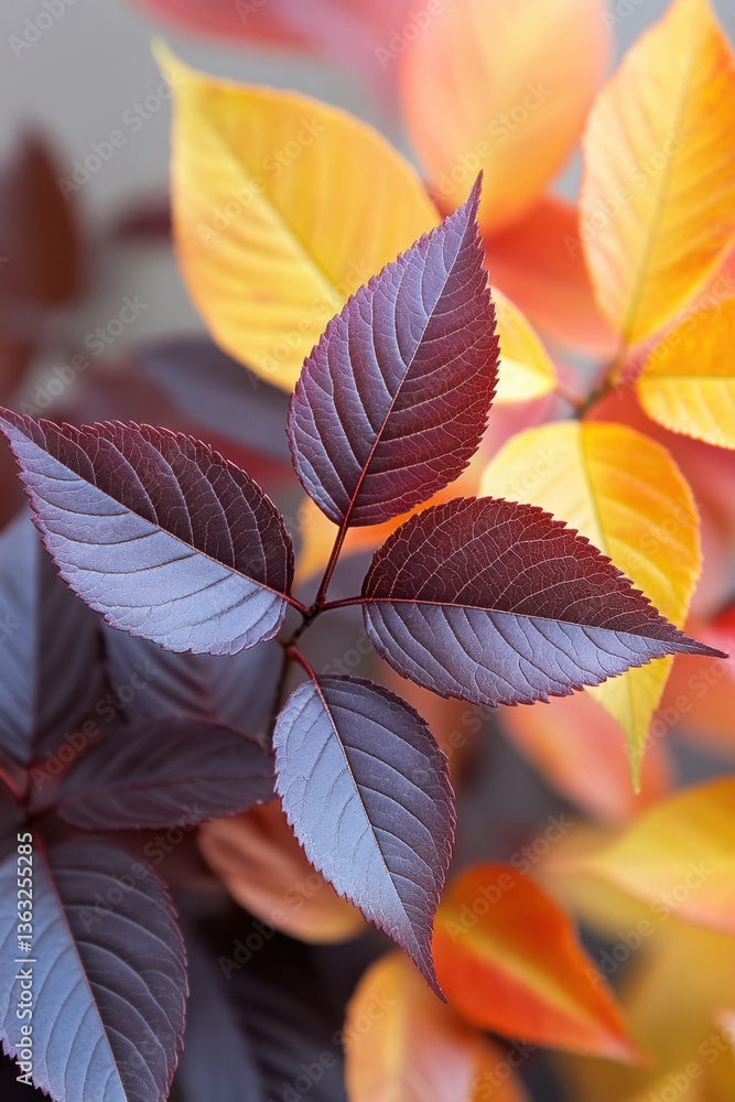 Fototapeta premium Captivating close up of vibrant autumn leaves displaying a rich palette of burgundy gold and orange hues in soft light