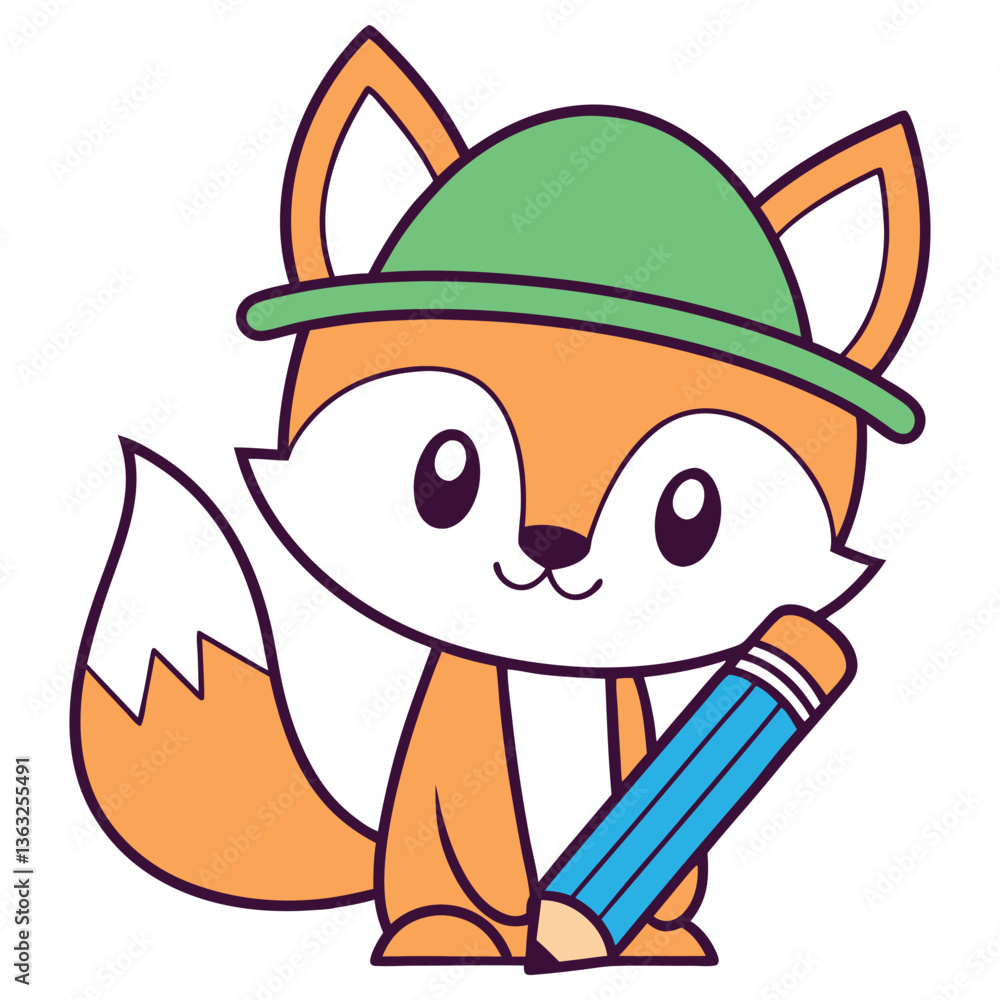 Naklejka premium Cartoon Fox with Green Hat Holding Pencil Drawing on Transparent Background