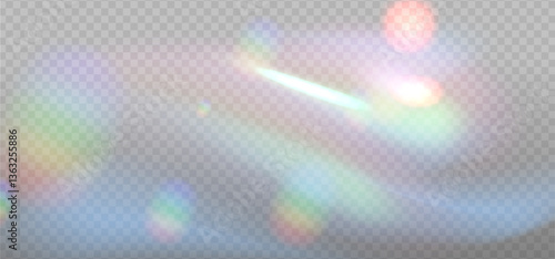 Iridescent crystal leak glare reflection effect. Optical wavy rainbow ray lights, glare, leak, streak overlay. Vector colorful lenses and light flares with transparent effects on light background.
