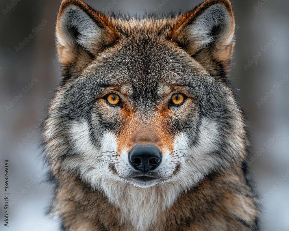 Fototapeta premium Majestic wolf gazing intently in a snowy forest setting, capturing nature's beauty