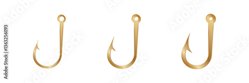 Three shiny gold fishing hooks of various sizes designed for angling and catching different fish types.