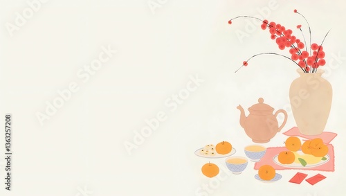 Pastel Spring Still Life with Cherry Blossoms and Tea Set