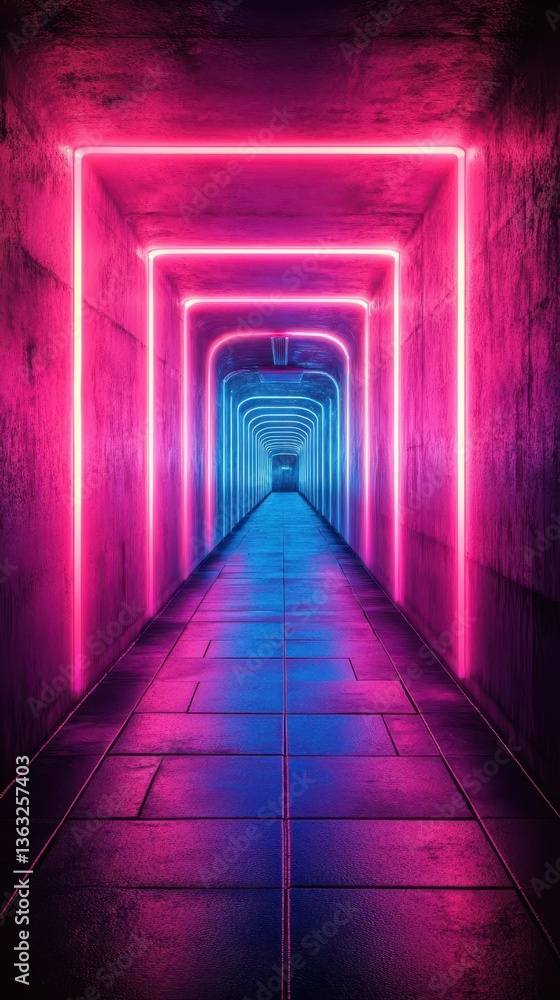 Neon-lit hallway creates an immersive atmosphere with vibrant pink and blue lights in an underground setting Neon-lit hallway creates an immersive atmosphere with vibrant pink and blue lights in an underground setting