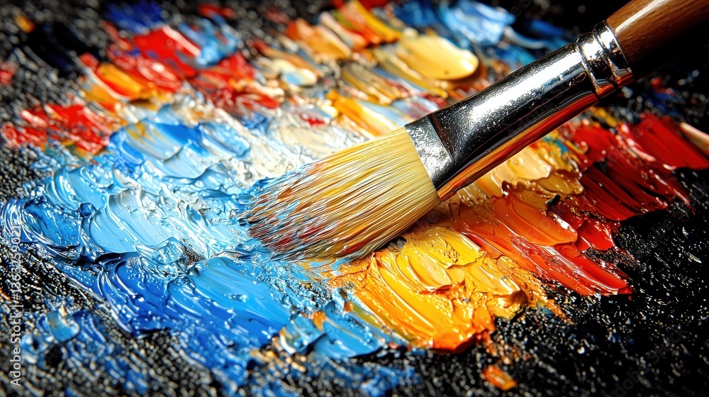 Fototapeta premium artist skillfully applies vibrant oil paints to a canvas, blending hues of blue, orange, and yellow. brush strokes create rich textures, capturing the essence of creativity in a studio