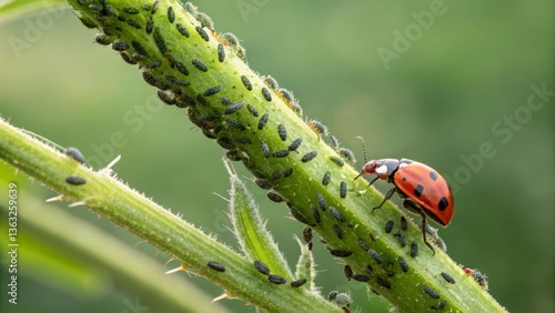 Ladybug on Plant Stem Hunting Black Aphids, Close-Up, Biological Pest Control and Gardening Awareness in Natural Environment