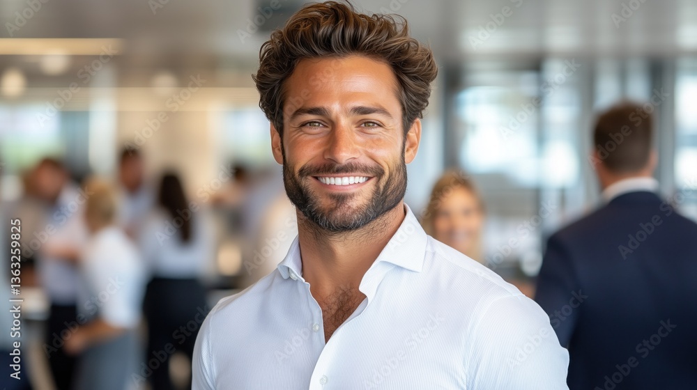 Obraz premium A cheerful businessman stands in a bright, modern office environment filled with professionals engaging in conversations and networking. His confident smile adds to the positive atmosphere