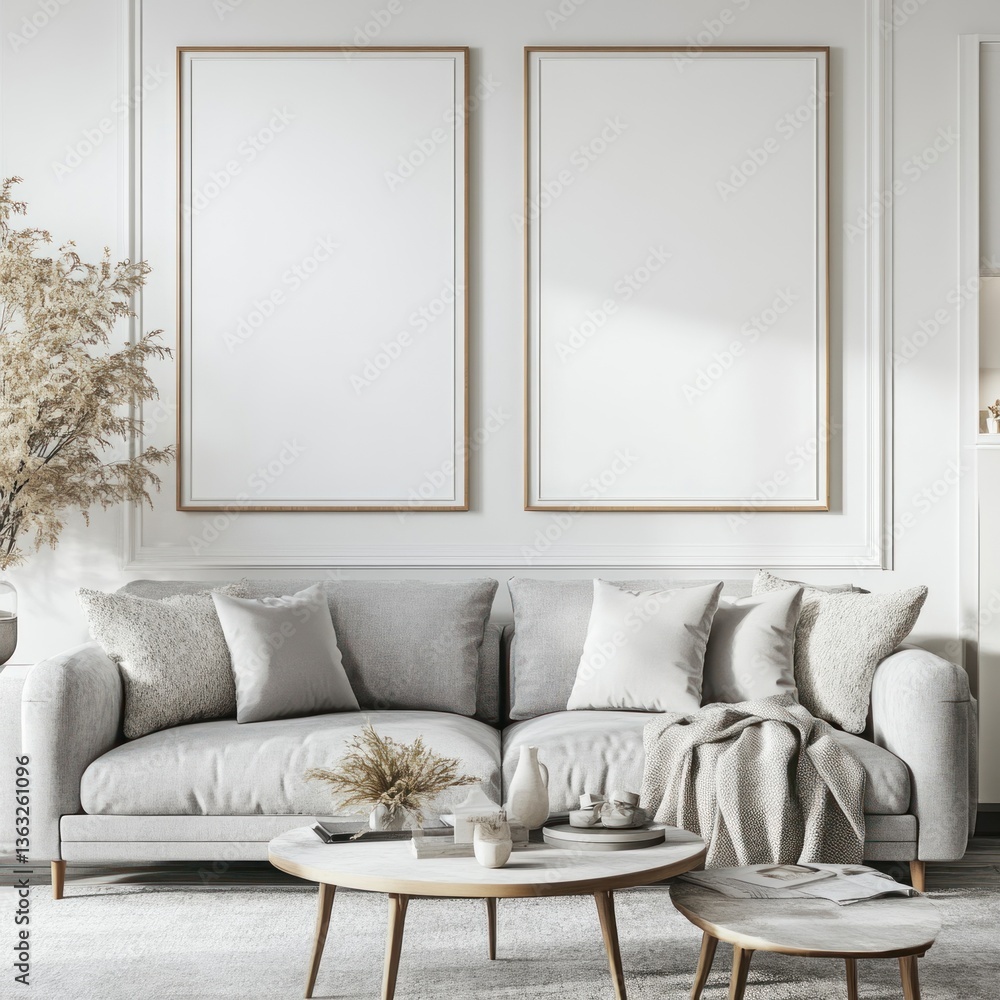 Fototapeta premium Two blank vertical frames above a light grey sofa in a minimalist living room.