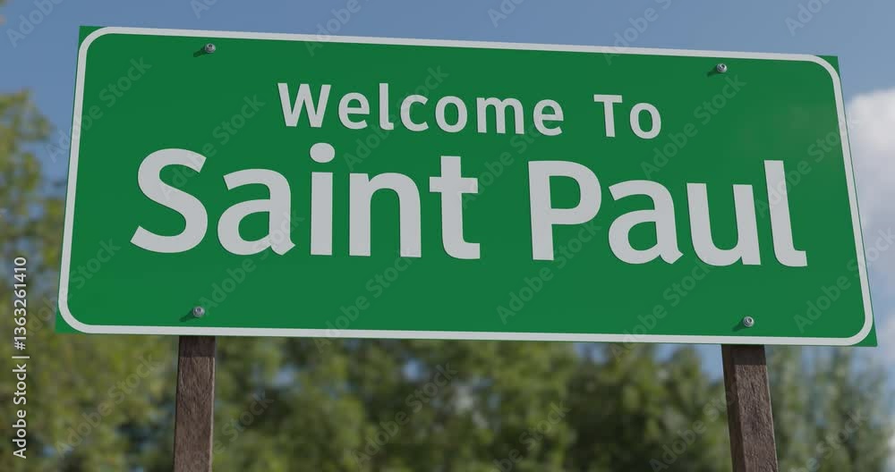 Driving By A Welcome To Saint Paul, Minnesota Green Road Sign Against a Blue Sky and Clouds - United States Capital Series. Driving By A Welcome To Saint Paul, Minnesota Green Road Sign Against a Blue Sky and Clouds - United States Capital Series.