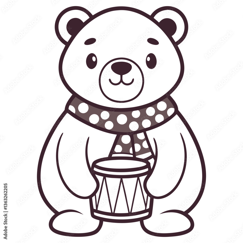 Obraz premium Cute Bear Cartoon Wearing Scarf and Holding Drum with Transparent Background